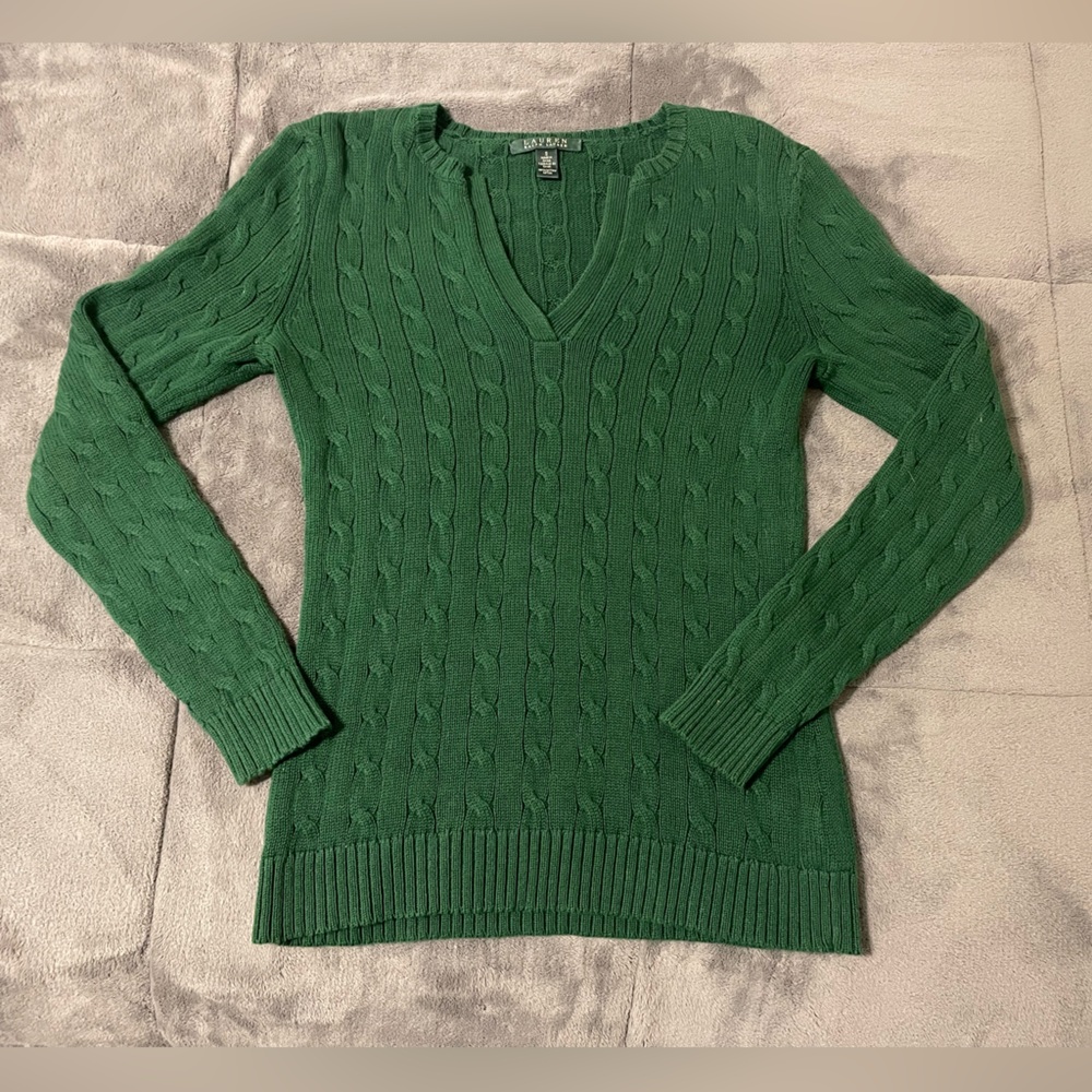 Ralph Lauren Green V-Neck Cable Knit Sweater Size S